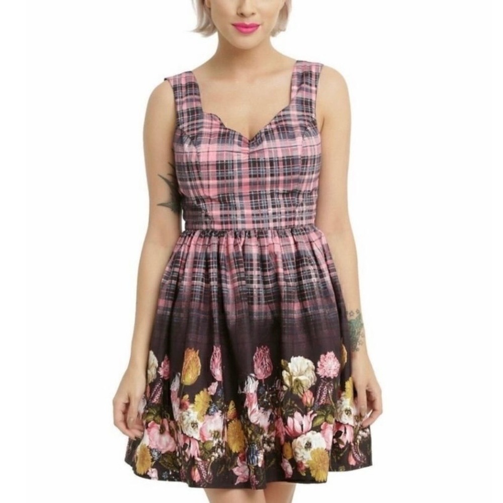 Hell‎ Bunny Vixen Pink & Blue Plaid Floral Columbia Skater Dress Medium